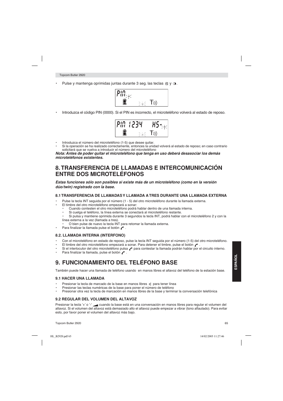 Funcionamiento del teléfono base | Topcom BUTLER 2920 User Manual | Page 65 / 68