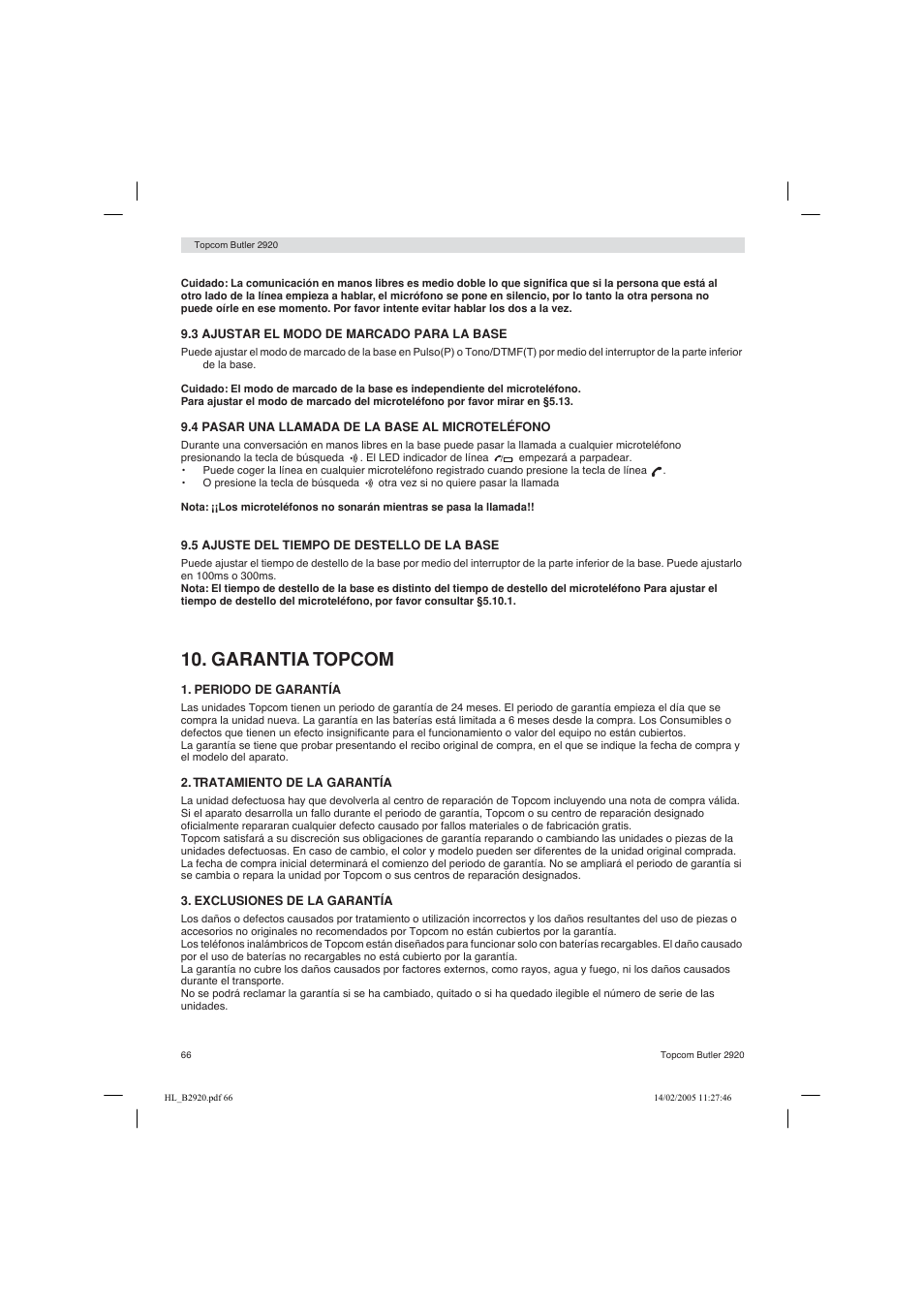 Garantia topcom | Topcom BUTLER 2920 User Manual | Page 66 / 68