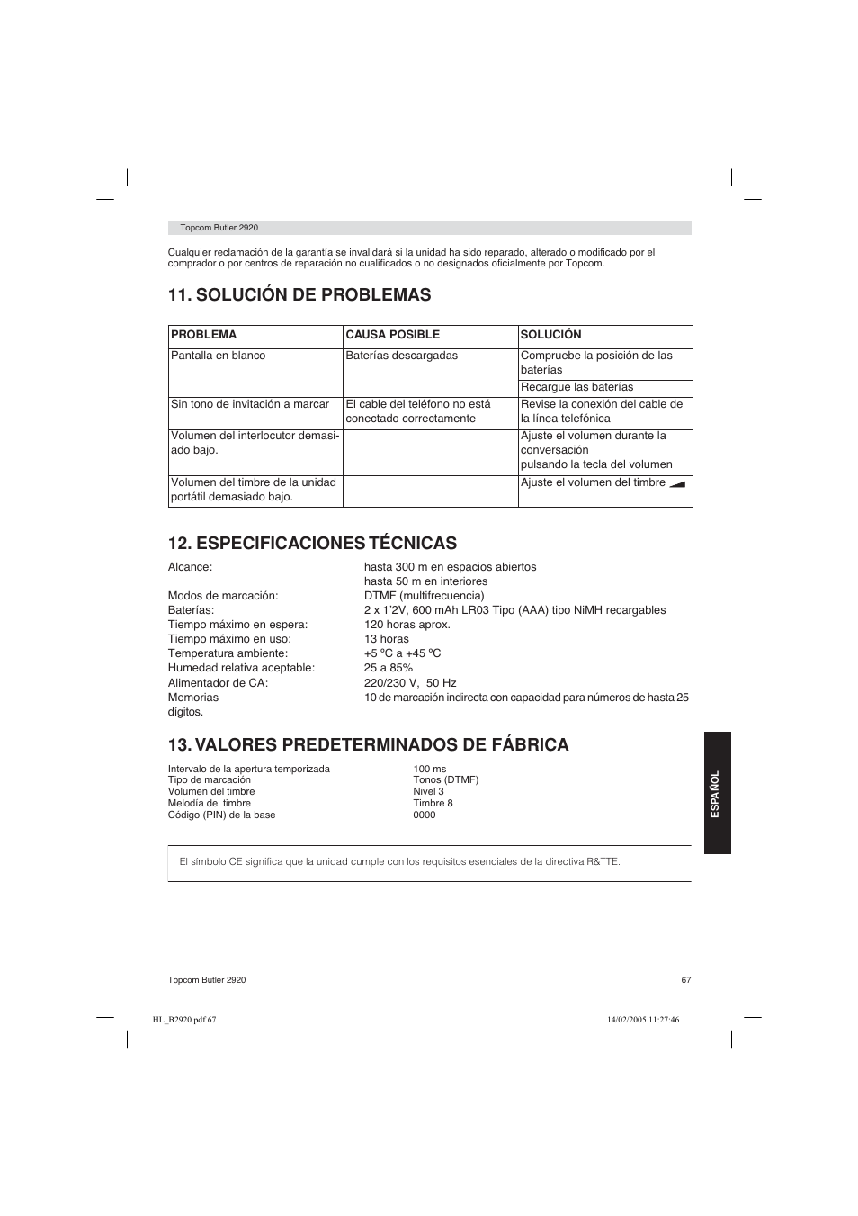 Valores predeterminados de fábrica | Topcom BUTLER 2920 User Manual | Page 67 / 68