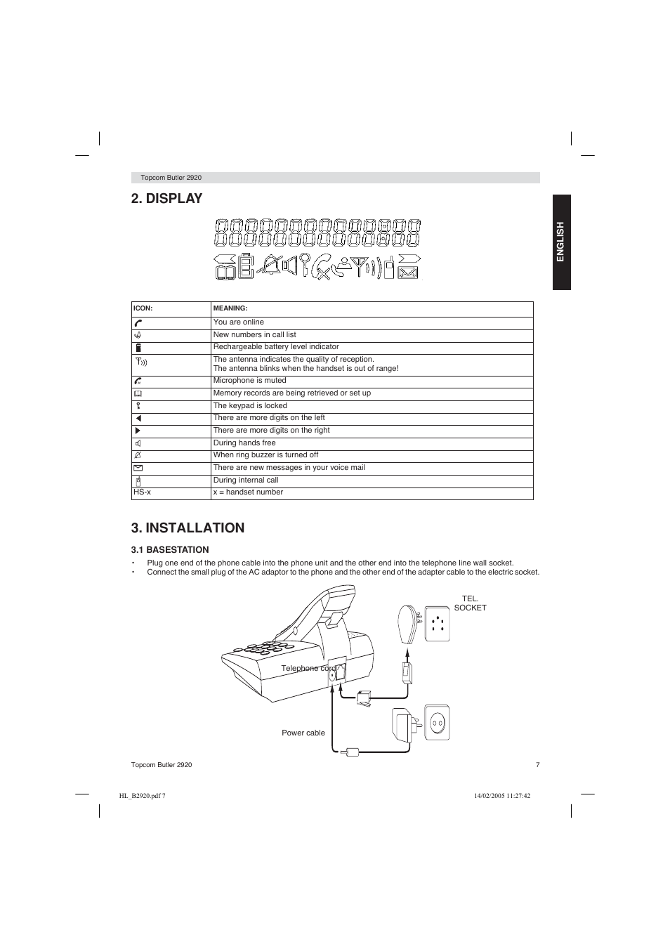 Display 3. installation | Topcom BUTLER 2920 User Manual | Page 7 / 68