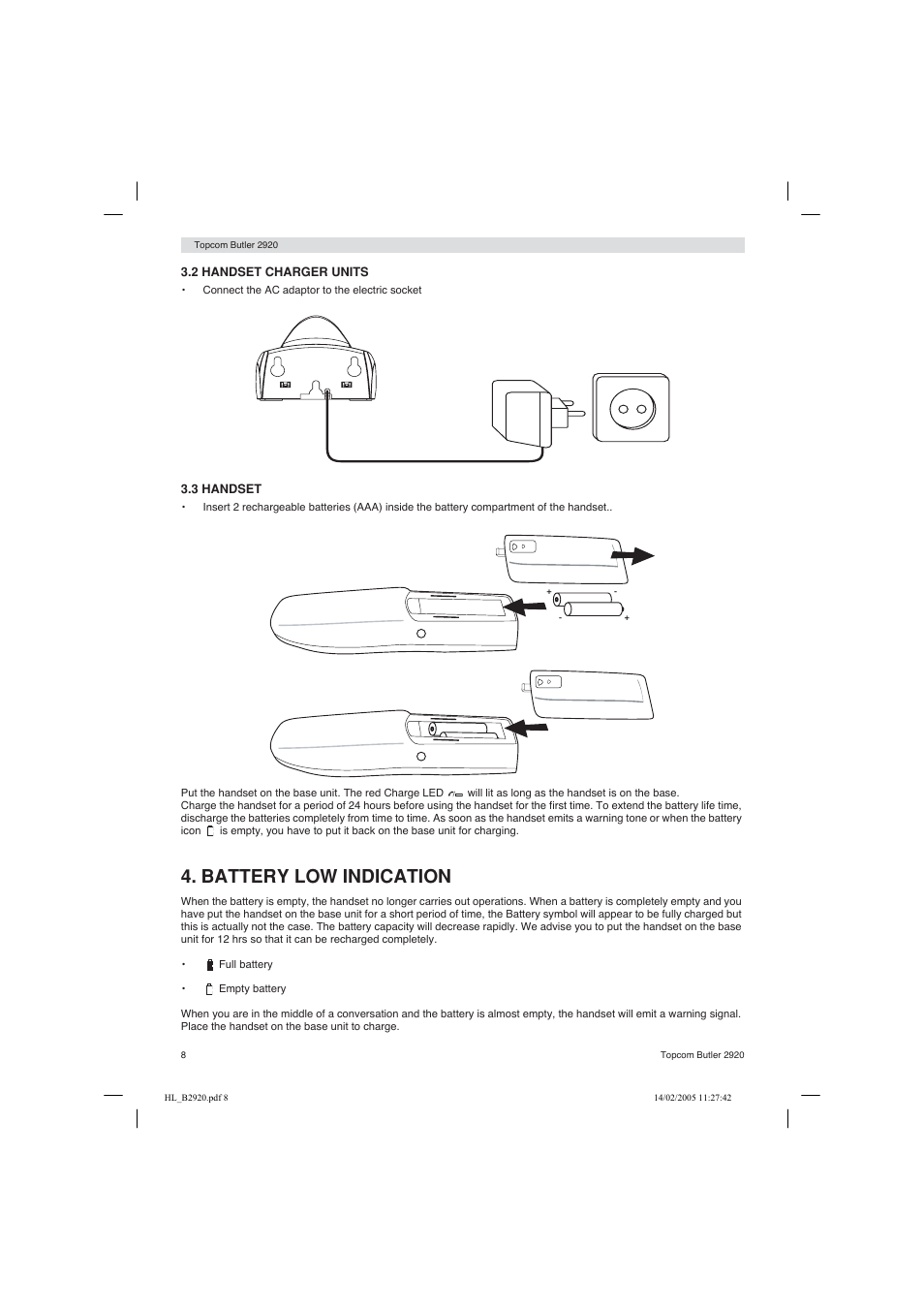 Battery low indication | Topcom BUTLER 2920 User Manual | Page 8 / 68