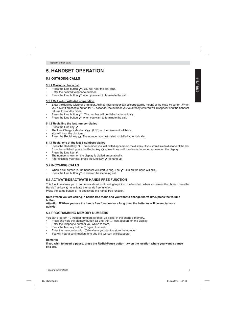 Handset operation | Topcom BUTLER 2920 User Manual | Page 9 / 68