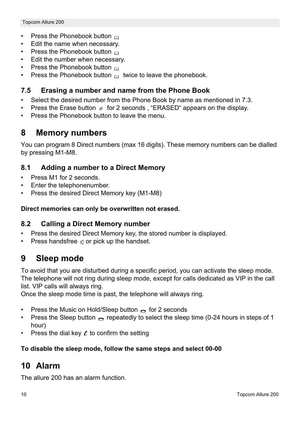 9sleep mode, 10 alarm | Topcom ALLURE 200 User Manual | Page 10 / 16