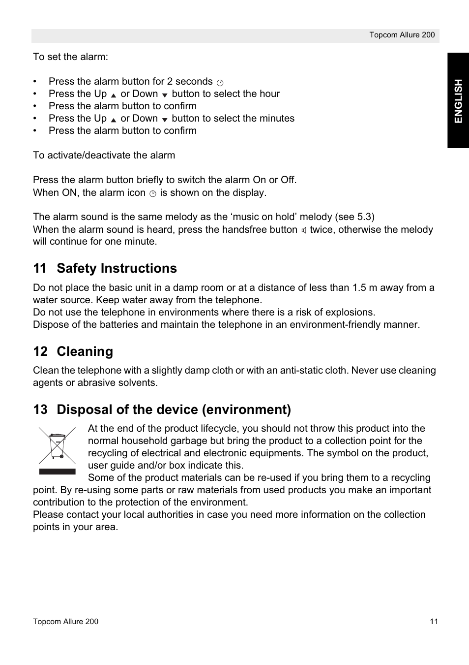 11 safety instructions, 12 cleaning, 13 disposal of the device (environment) | Topcom ALLURE 200 User Manual | Page 11 / 16