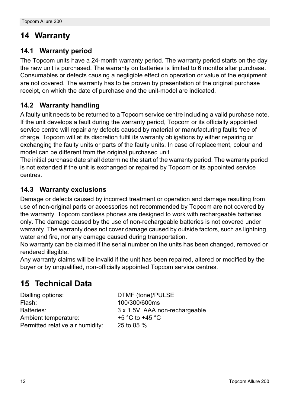 14 warranty, 15 technical data | Topcom ALLURE 200 User Manual | Page 12 / 16