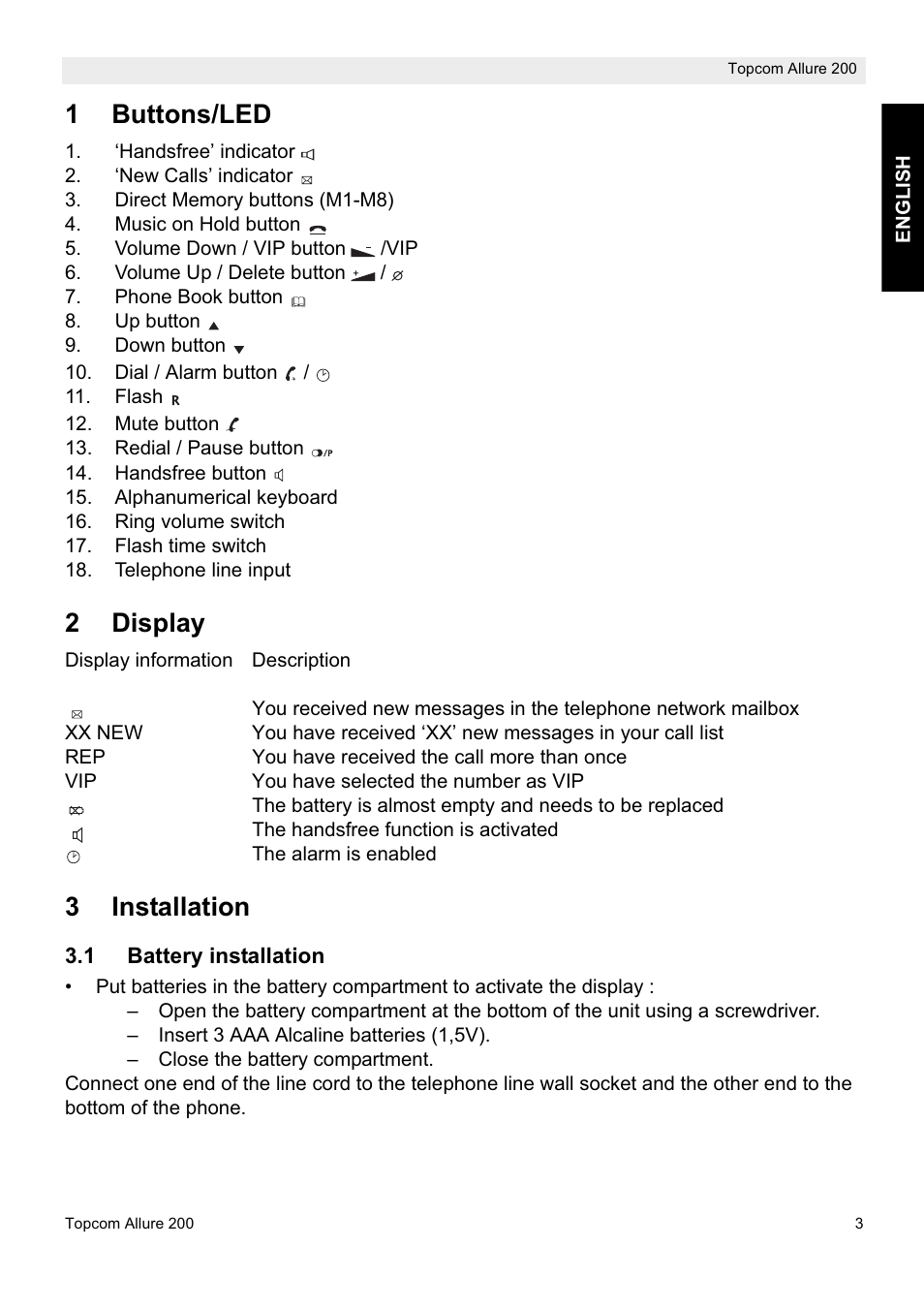 1buttons/led, 2display, 3installation | Topcom ALLURE 200 User Manual | Page 3 / 16