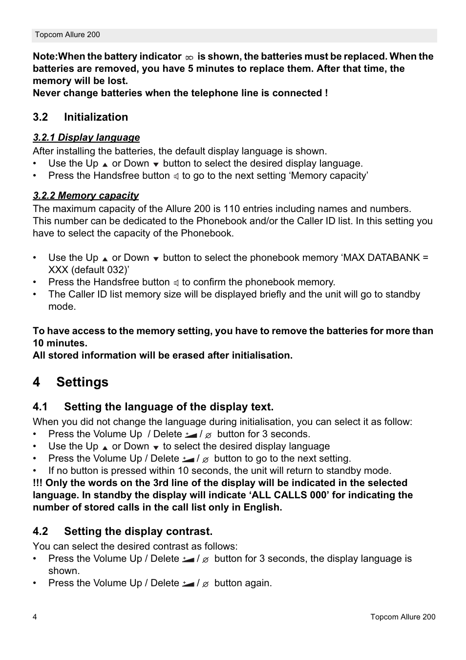 4settings | Topcom ALLURE 200 User Manual | Page 4 / 16