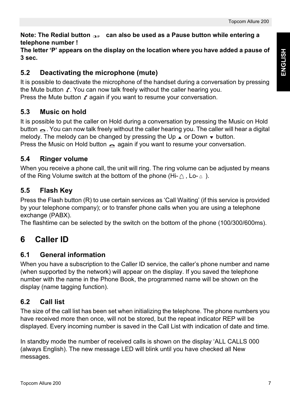 6caller id | Topcom ALLURE 200 User Manual | Page 7 / 16