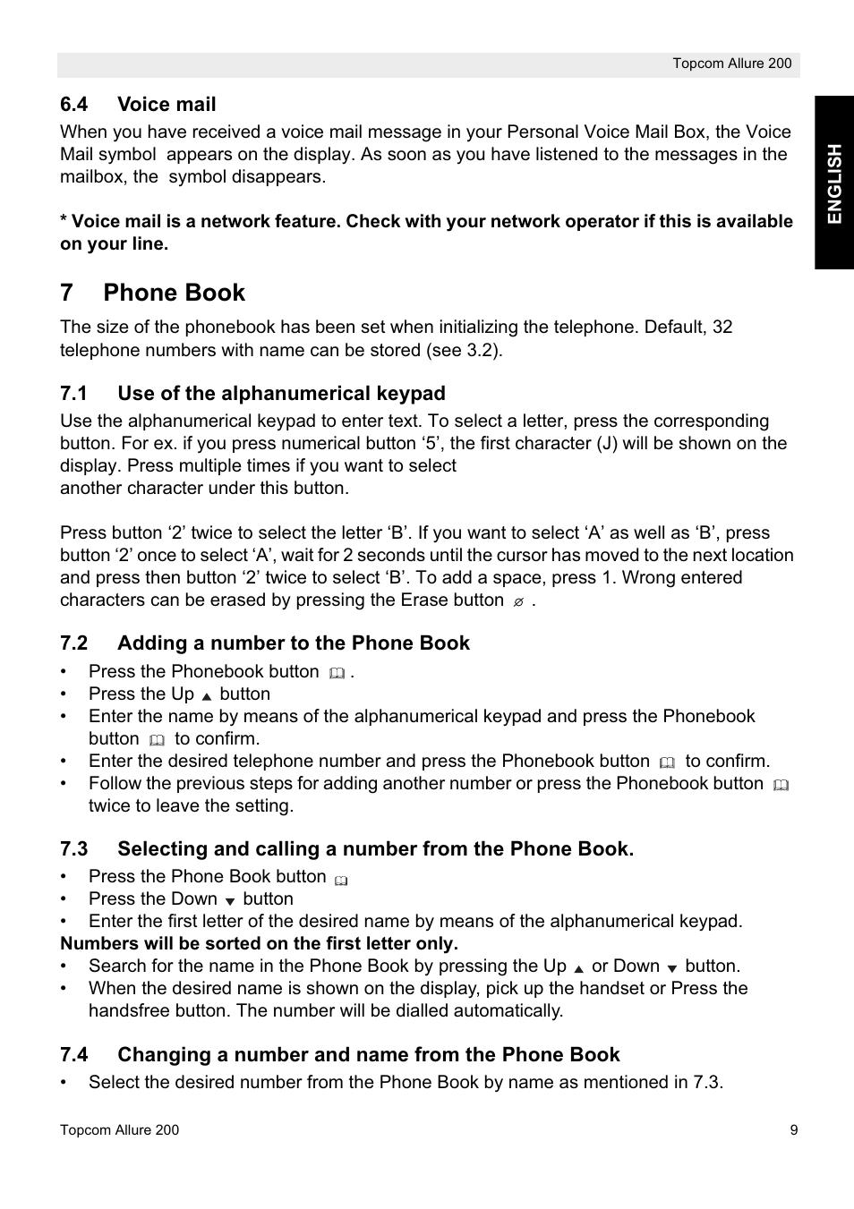 7phone book | Topcom ALLURE 200 User Manual | Page 9 / 16