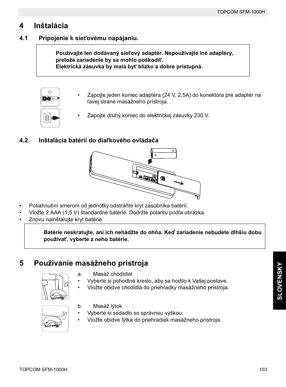 4inštalácia, 5používanie masážneho prístroja | Topcom Shiatsu SFM-1000H User Manual | Page 103 / 108