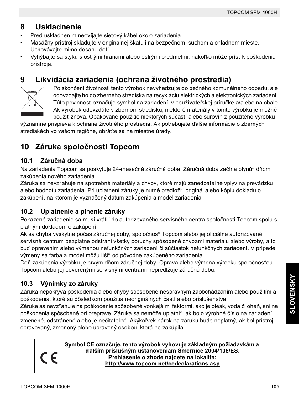 8uskladnenie, 10 záruka spoloþnosti topcom | Topcom Shiatsu SFM-1000H User Manual | Page 105 / 108