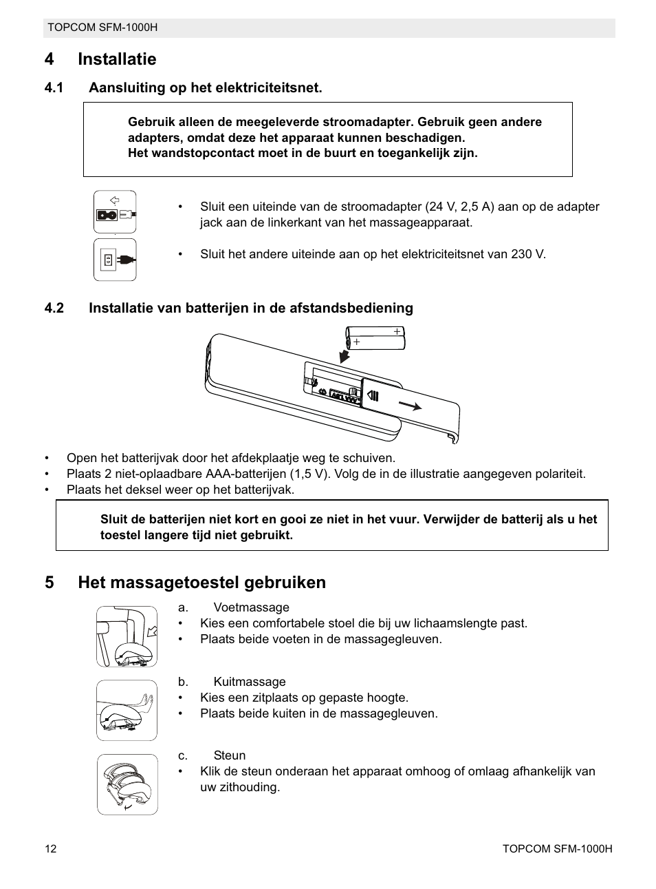 4installatie, 5het massagetoestel gebruiken | Topcom Shiatsu SFM-1000H User Manual | Page 12 / 108