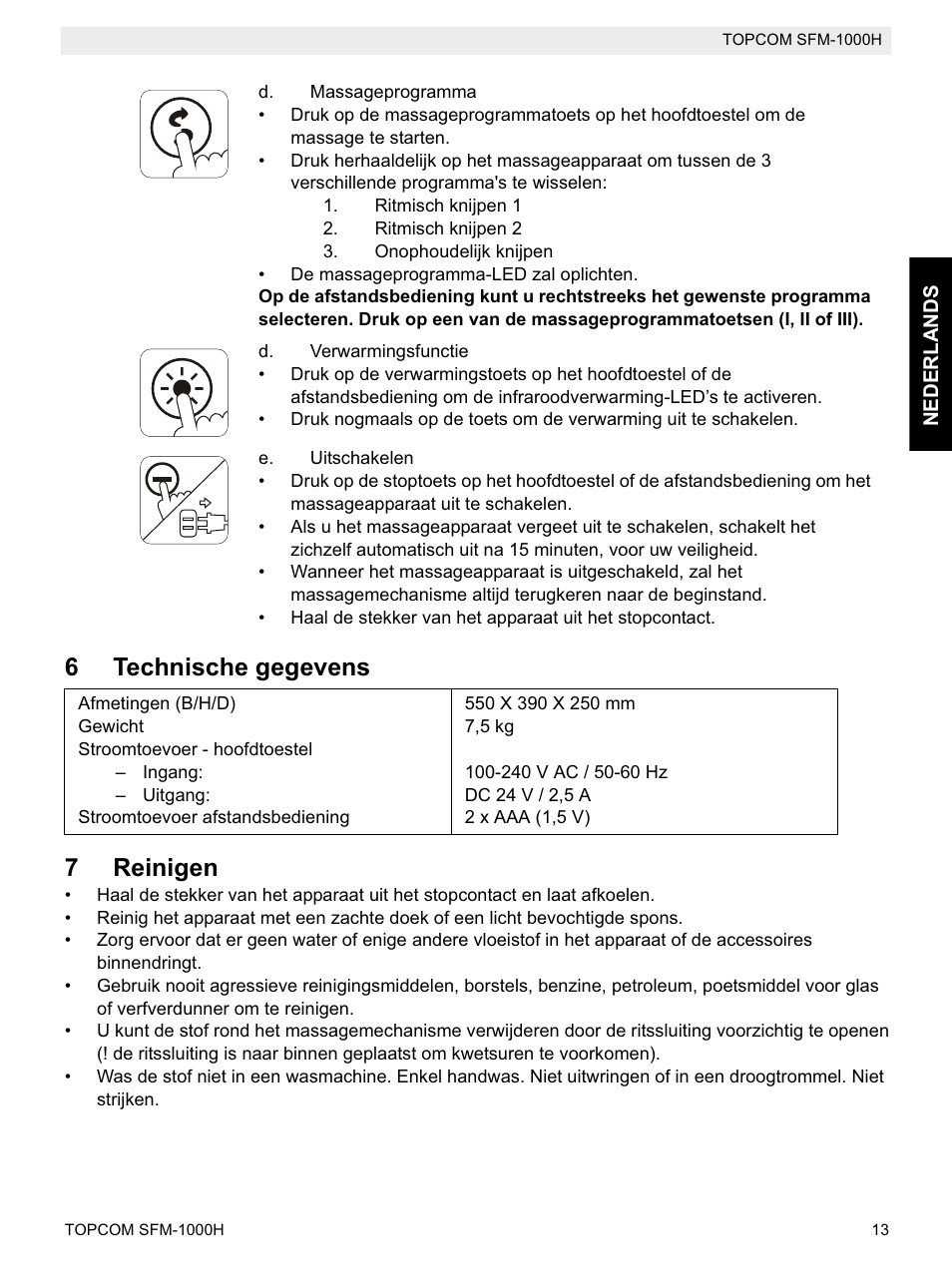 6technische gegevens 7 reinigen | Topcom Shiatsu SFM-1000H User Manual | Page 13 / 108