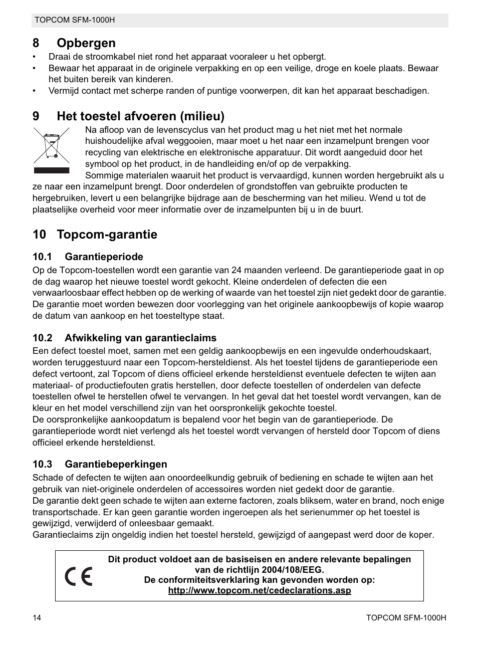 8opbergen, 9het toestel afvoeren (milieu), 10 topcom-garantie | Topcom Shiatsu SFM-1000H User Manual | Page 14 / 108