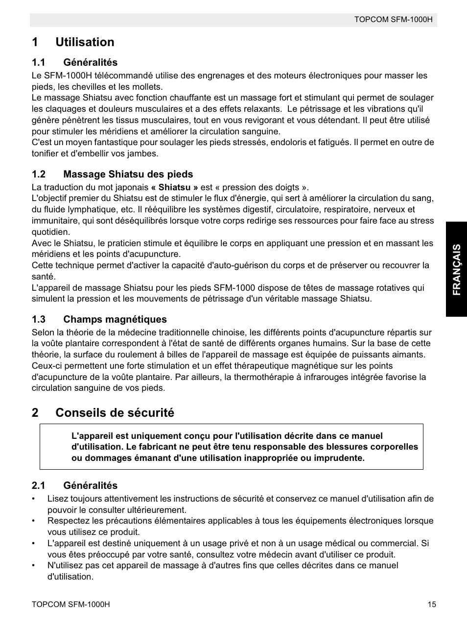 1utilisation, 2conseils de sécurité | Topcom Shiatsu SFM-1000H User Manual | Page 15 / 108