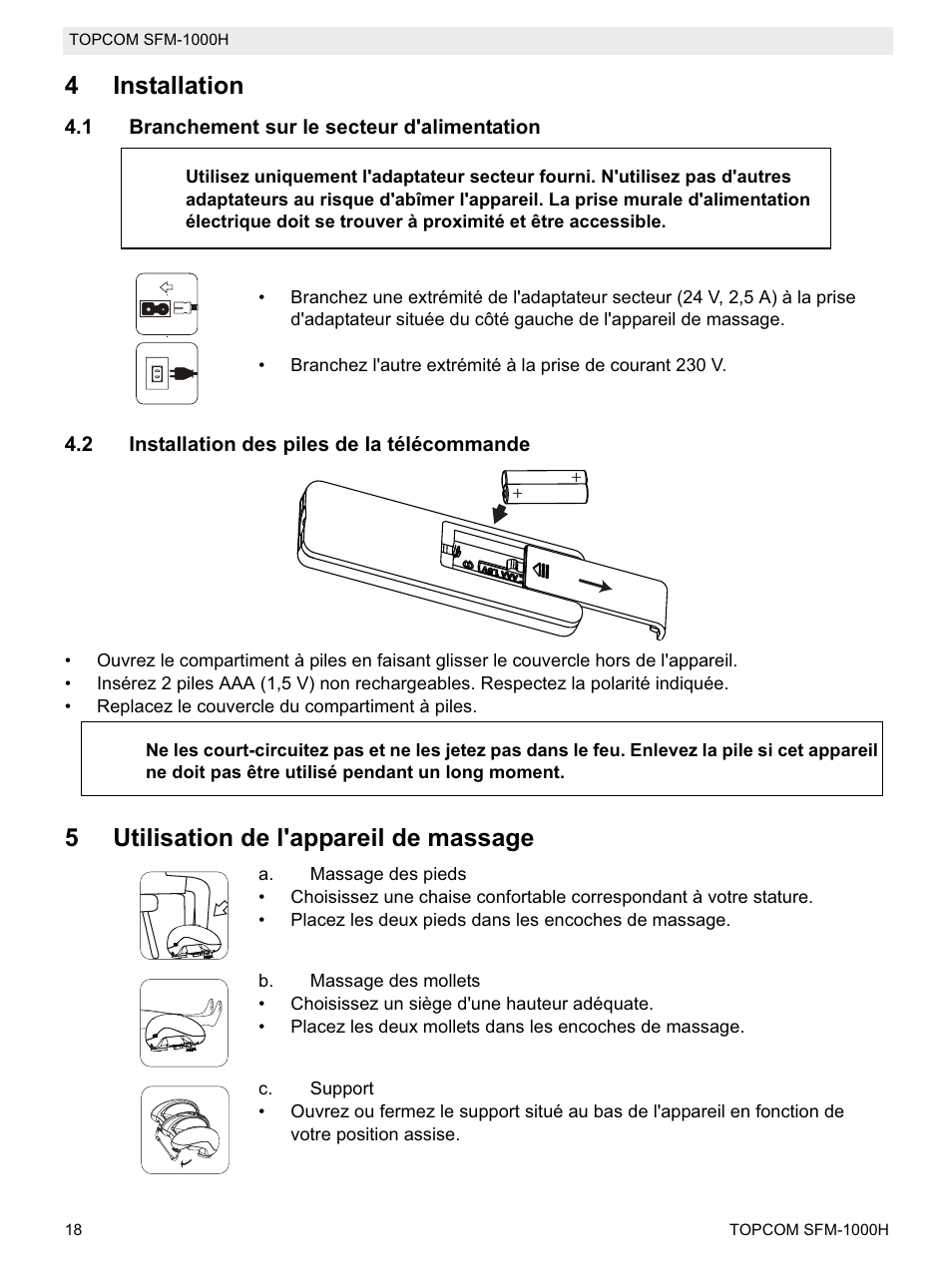 4installation, 5utilisation de l'appareil de massage | Topcom Shiatsu SFM-1000H User Manual | Page 18 / 108