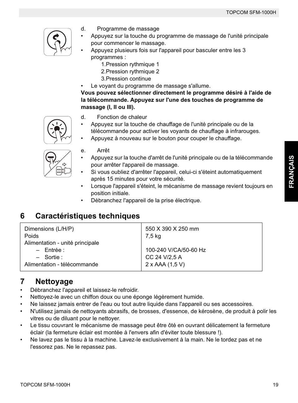 6caractéristiques techniques 7 nettoyage | Topcom Shiatsu SFM-1000H User Manual | Page 19 / 108