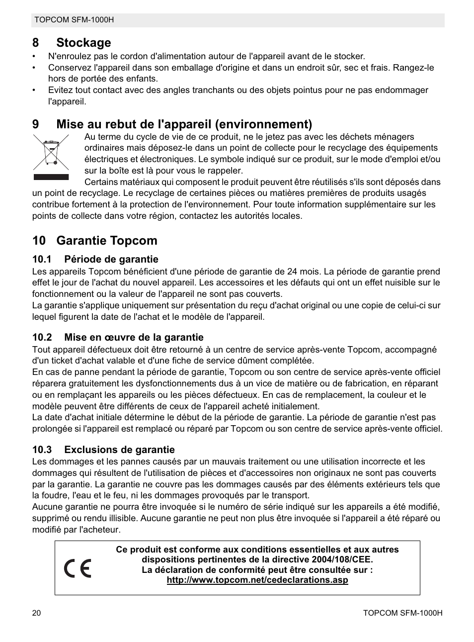 8stockage, 9mise au rebut de l'appareil (environnement), 10 garantie topcom | Topcom Shiatsu SFM-1000H User Manual | Page 20 / 108