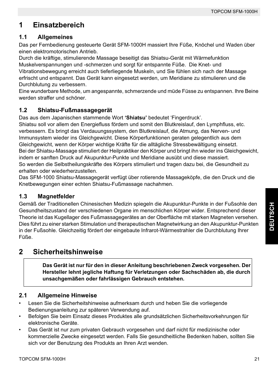 1einsatzbereich, 2sicherheitshinweise | Topcom Shiatsu SFM-1000H User Manual | Page 21 / 108