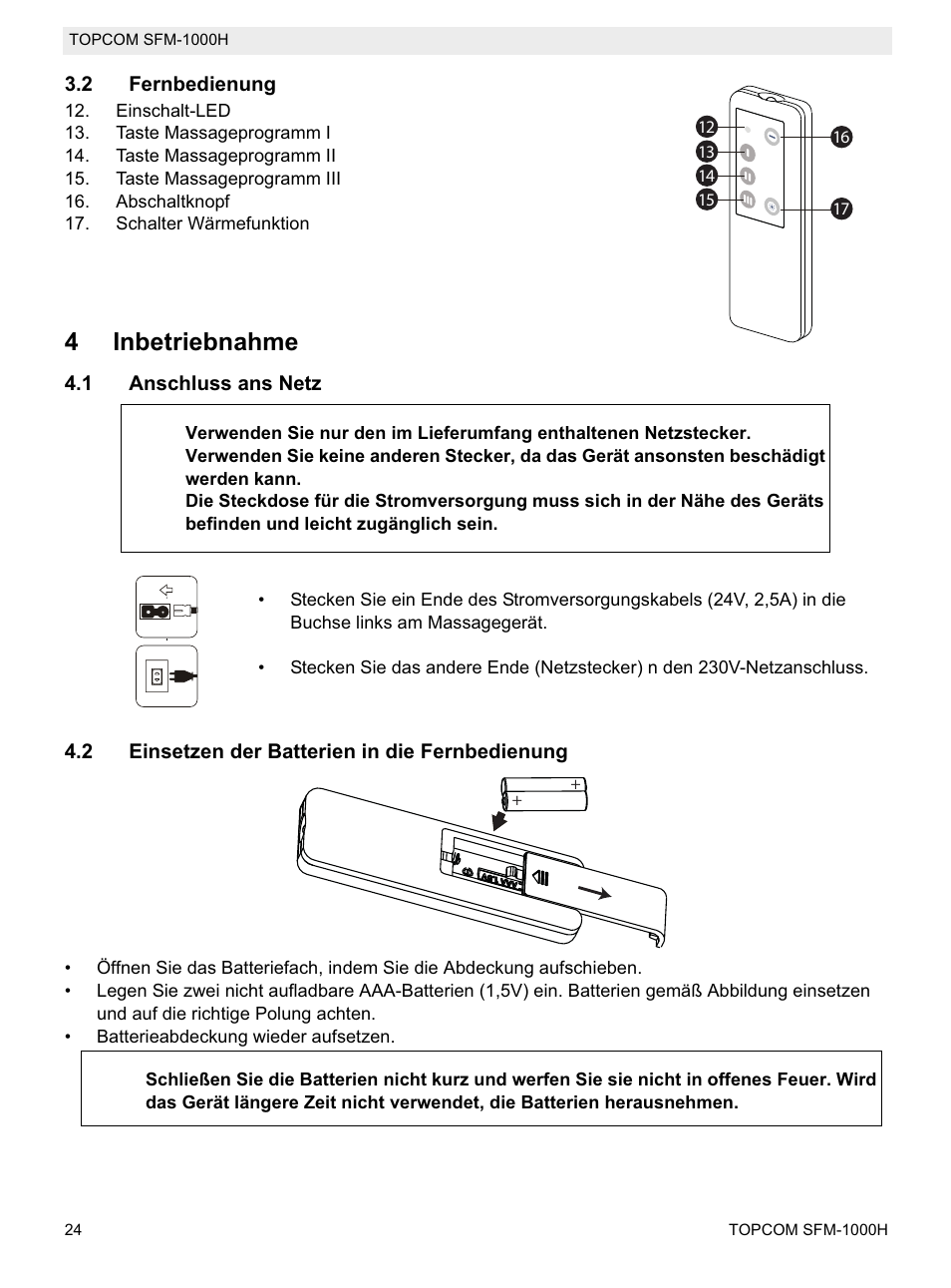 4inbetriebnahme | Topcom Shiatsu SFM-1000H User Manual | Page 24 / 108