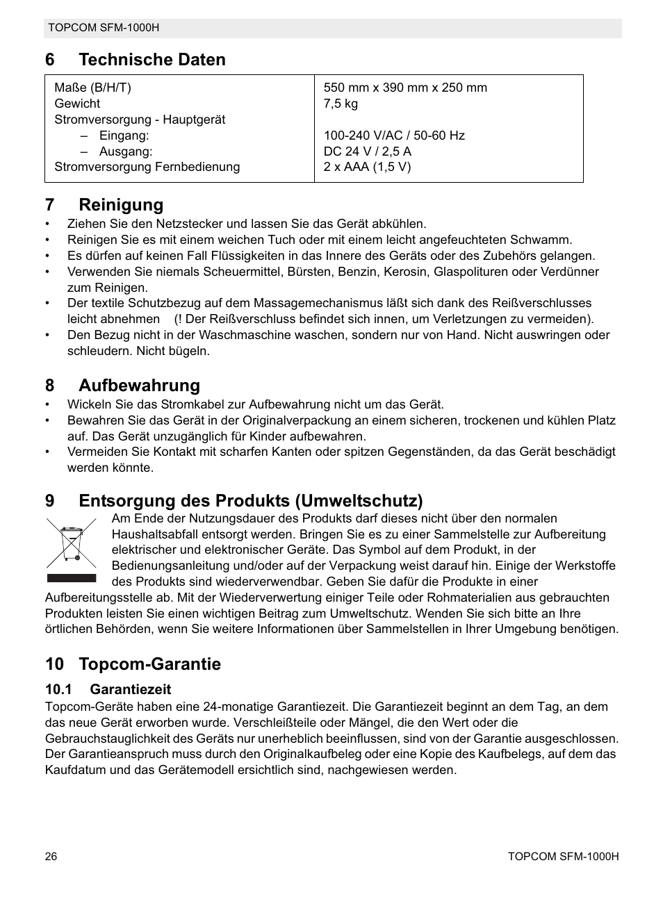 6technische daten 7 reinigung, 8aufbewahrung, 9entsorgung des produkts (umweltschutz) | 10 topcom-garantie | Topcom Shiatsu SFM-1000H User Manual | Page 26 / 108