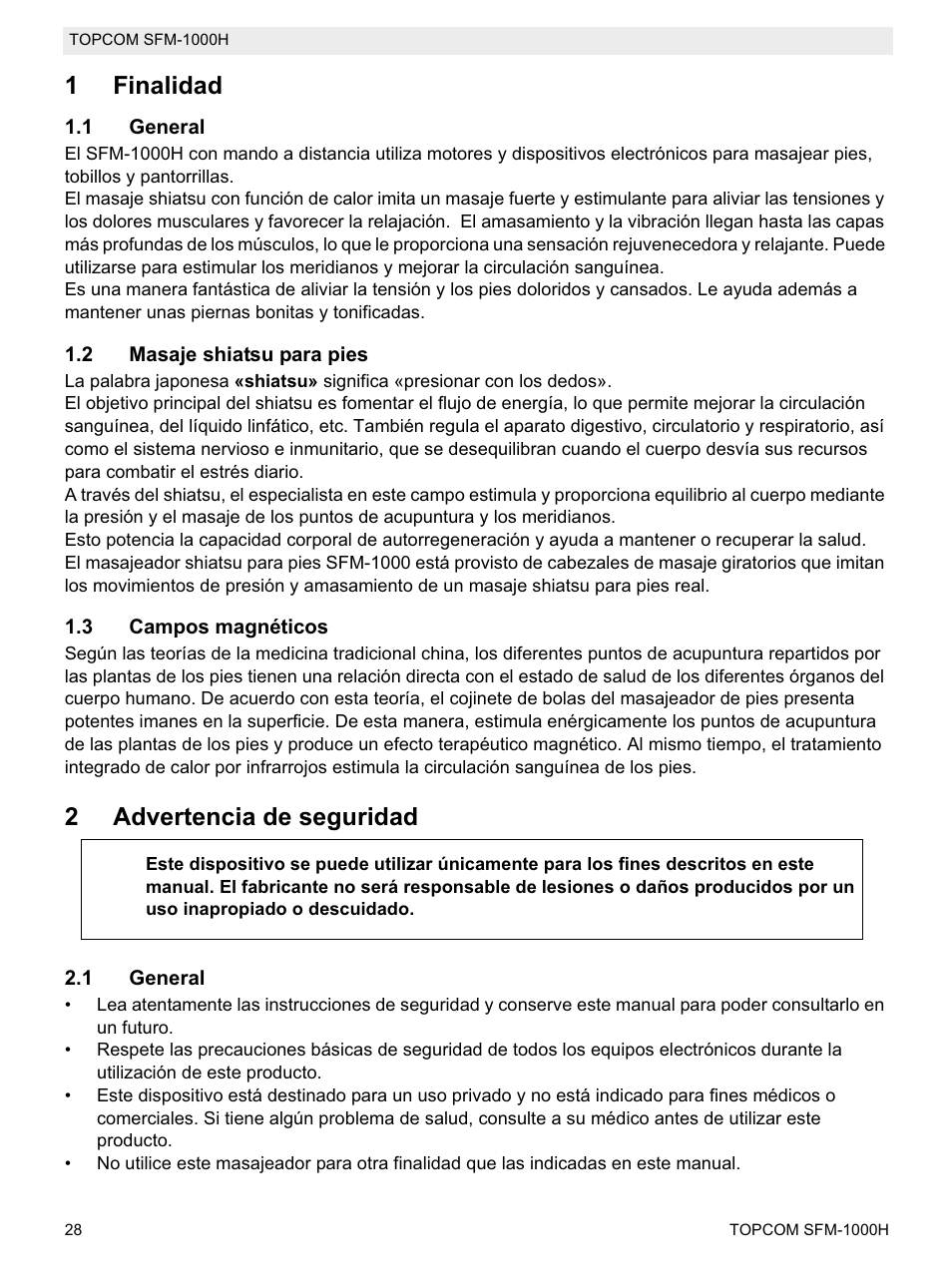 1finalidad, 2advertencia de seguridad | Topcom Shiatsu SFM-1000H User Manual | Page 28 / 108