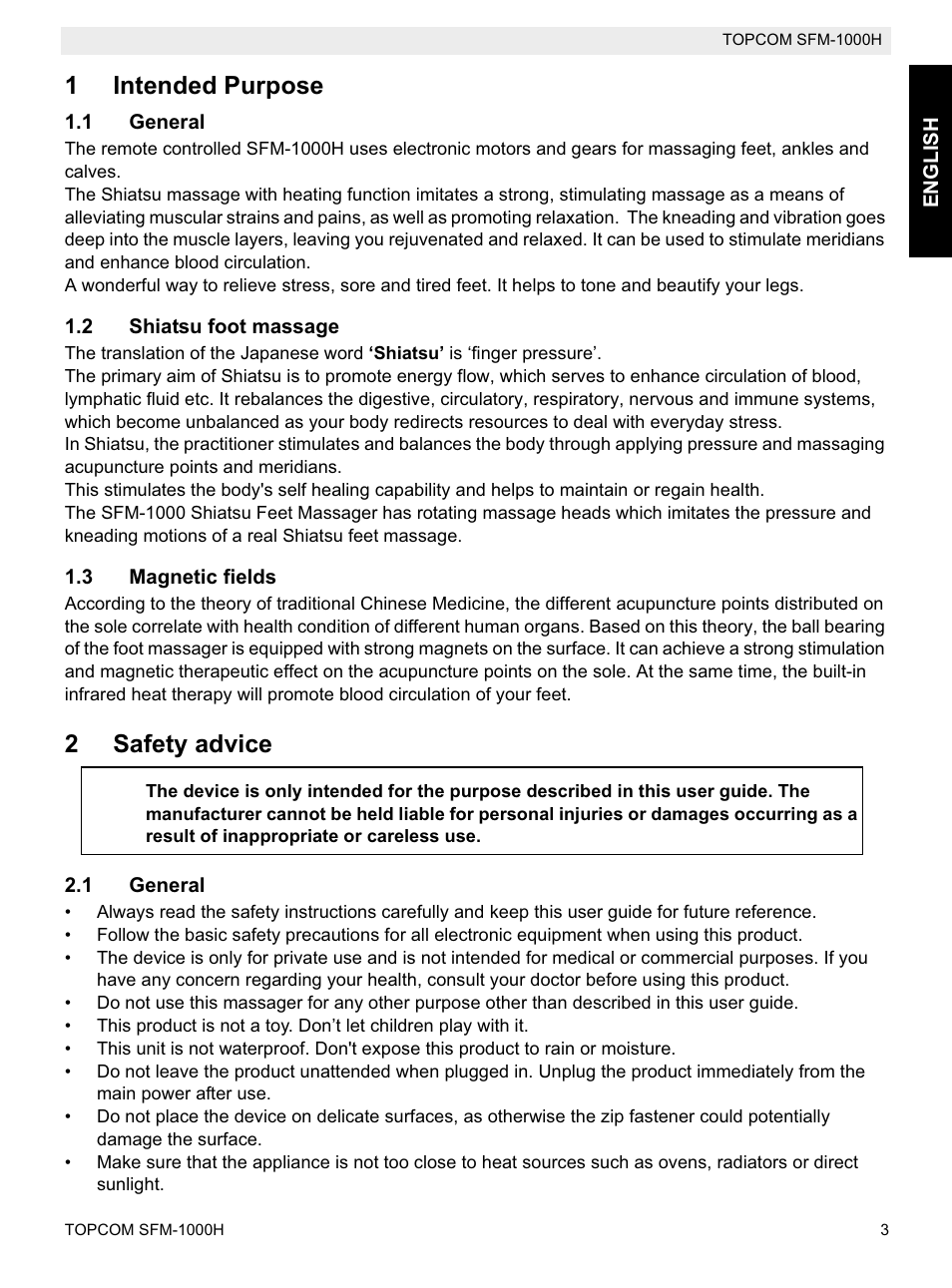 1intended purpose, 2safety advice | Topcom Shiatsu SFM-1000H User Manual | Page 3 / 108