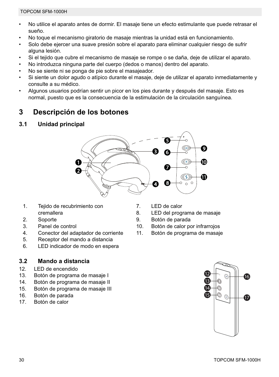 3descripción de los botones | Topcom Shiatsu SFM-1000H User Manual | Page 30 / 108