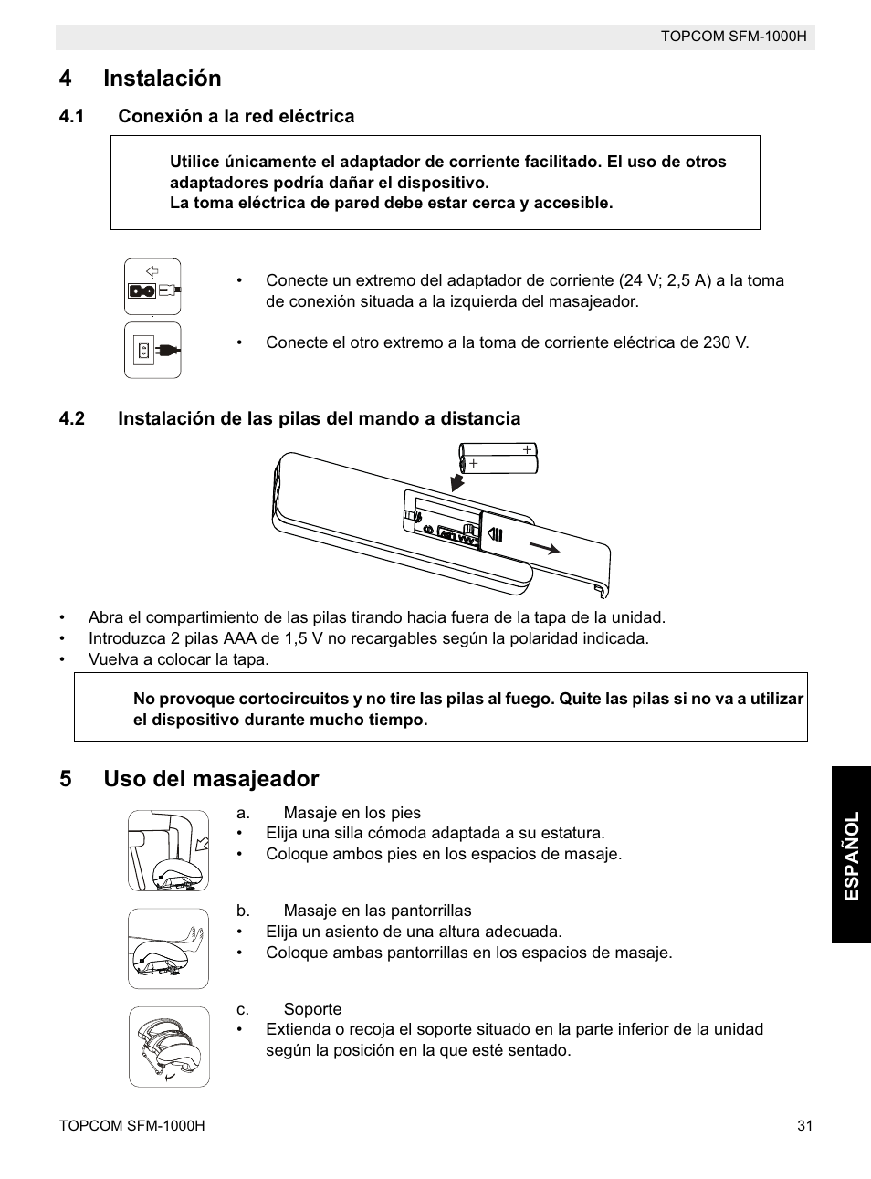 4instalación, 5uso del masajeador | Topcom Shiatsu SFM-1000H User Manual | Page 31 / 108