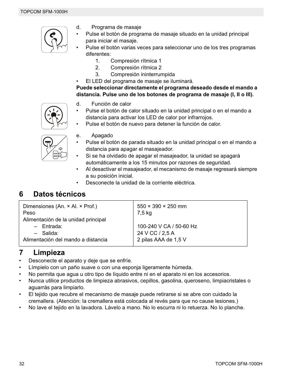 6datos técnicos 7 limpieza | Topcom Shiatsu SFM-1000H User Manual | Page 32 / 108