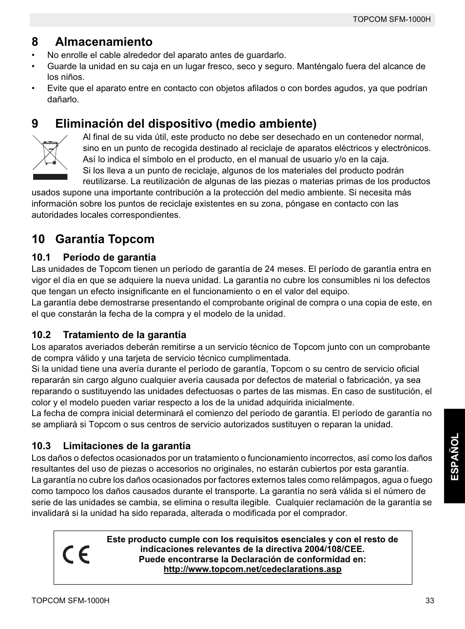 8almacenamiento, 9eliminación del dispositivo (medio ambiente), 10 garantía topcom | Topcom Shiatsu SFM-1000H User Manual | Page 33 / 108