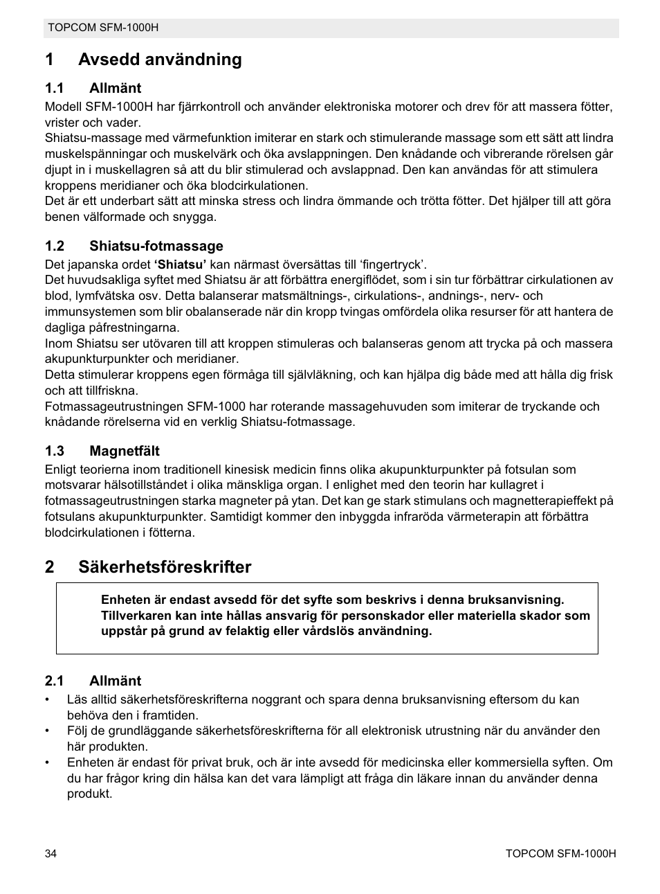 1avsedd användning, 2säkerhetsföreskrifter | Topcom Shiatsu SFM-1000H User Manual | Page 34 / 108