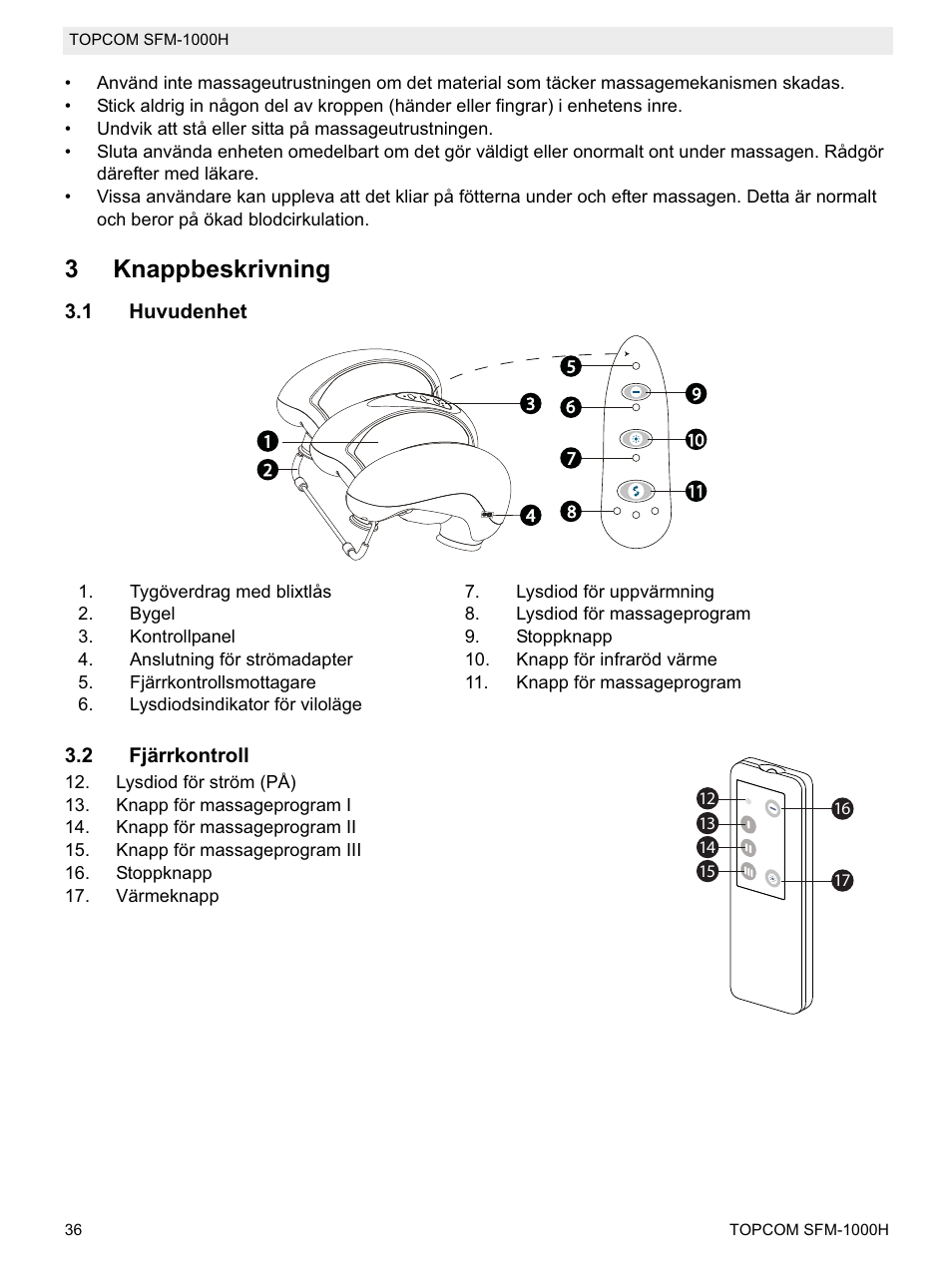 3knappbeskrivning | Topcom Shiatsu SFM-1000H User Manual | Page 36 / 108