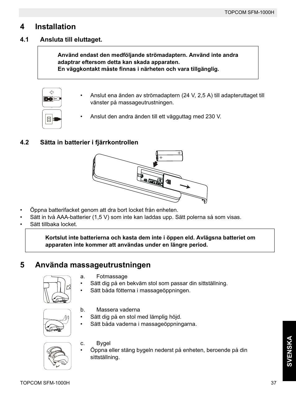 4installation, 5använda massageutrustningen | Topcom Shiatsu SFM-1000H User Manual | Page 37 / 108