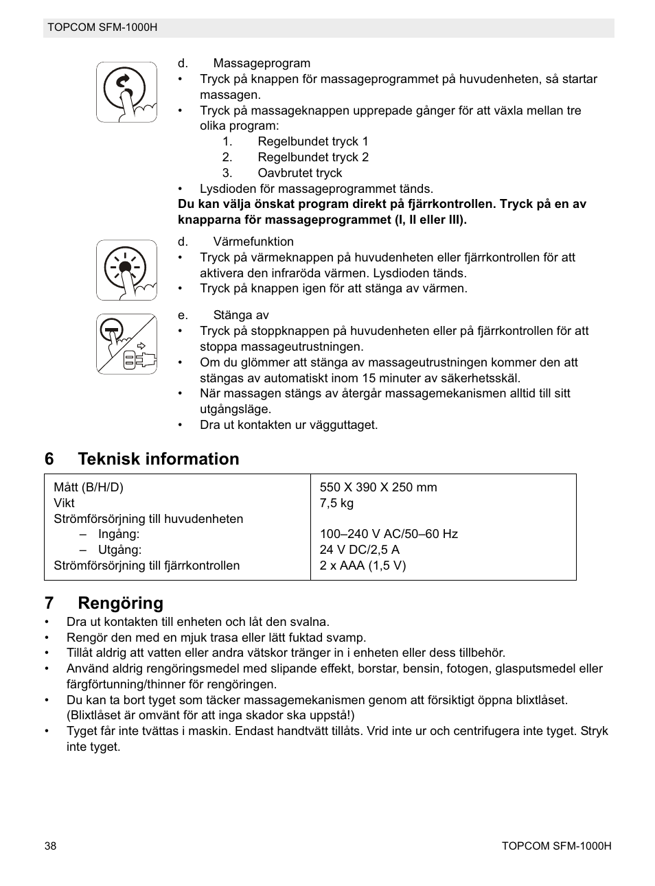 6teknisk information 7 rengöring | Topcom Shiatsu SFM-1000H User Manual | Page 38 / 108