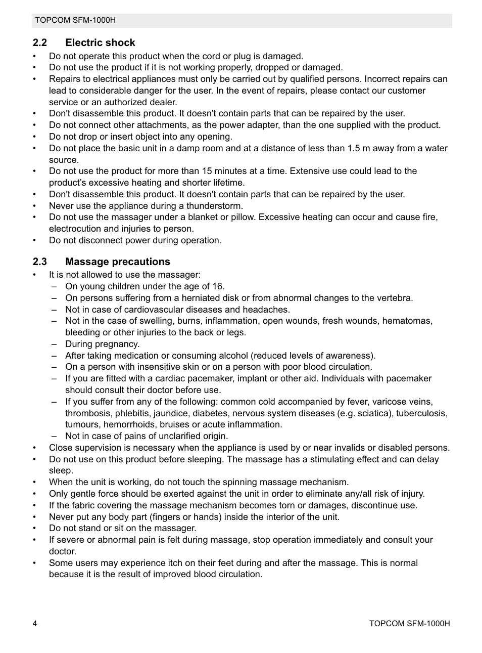 Topcom Shiatsu SFM-1000H User Manual | Page 4 / 108