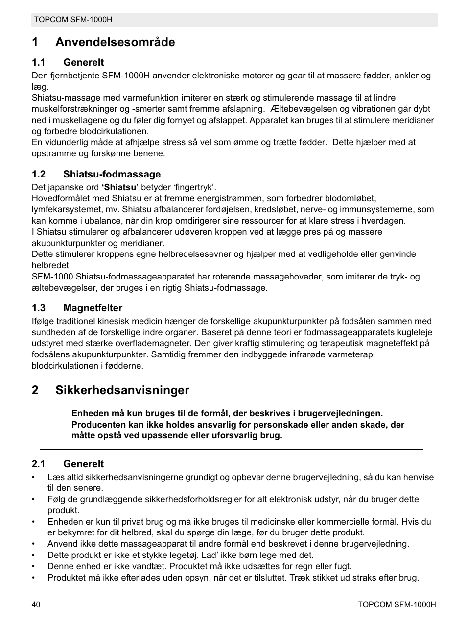 1anvendelsesområde, 2sikkerhedsanvisninger | Topcom Shiatsu SFM-1000H User Manual | Page 40 / 108