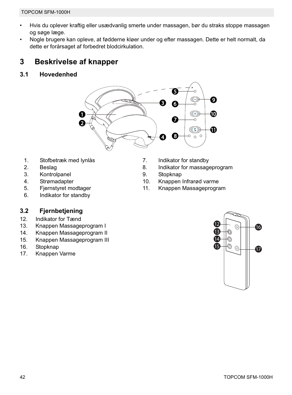 3beskrivelse af knapper | Topcom Shiatsu SFM-1000H User Manual | Page 42 / 108