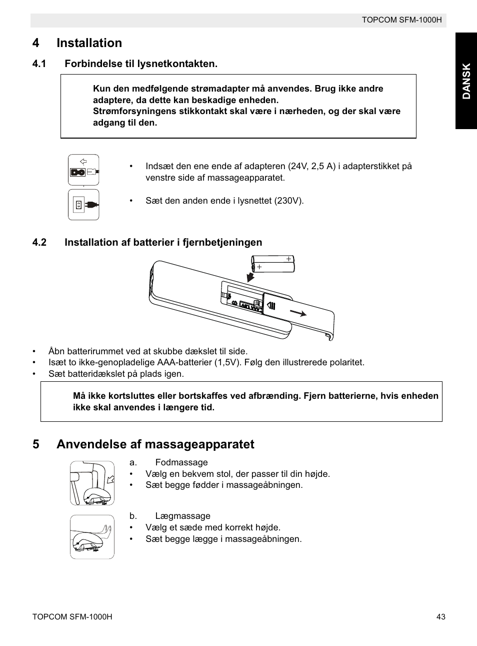 4installation, 5anvendelse af massageapparatet | Topcom Shiatsu SFM-1000H User Manual | Page 43 / 108