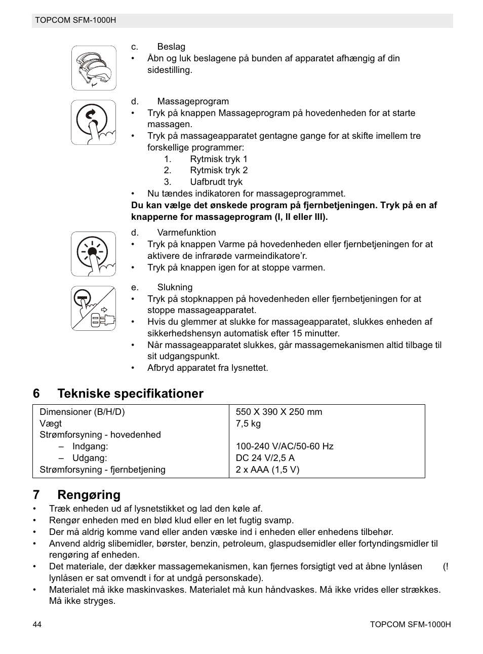 6tekniske specifikationer 7 rengøring | Topcom Shiatsu SFM-1000H User Manual | Page 44 / 108