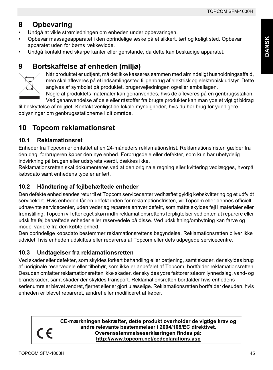 8opbevaring, 9bortskaffelse af enheden (miljø), 10 topcom reklamationsret | Topcom Shiatsu SFM-1000H User Manual | Page 45 / 108