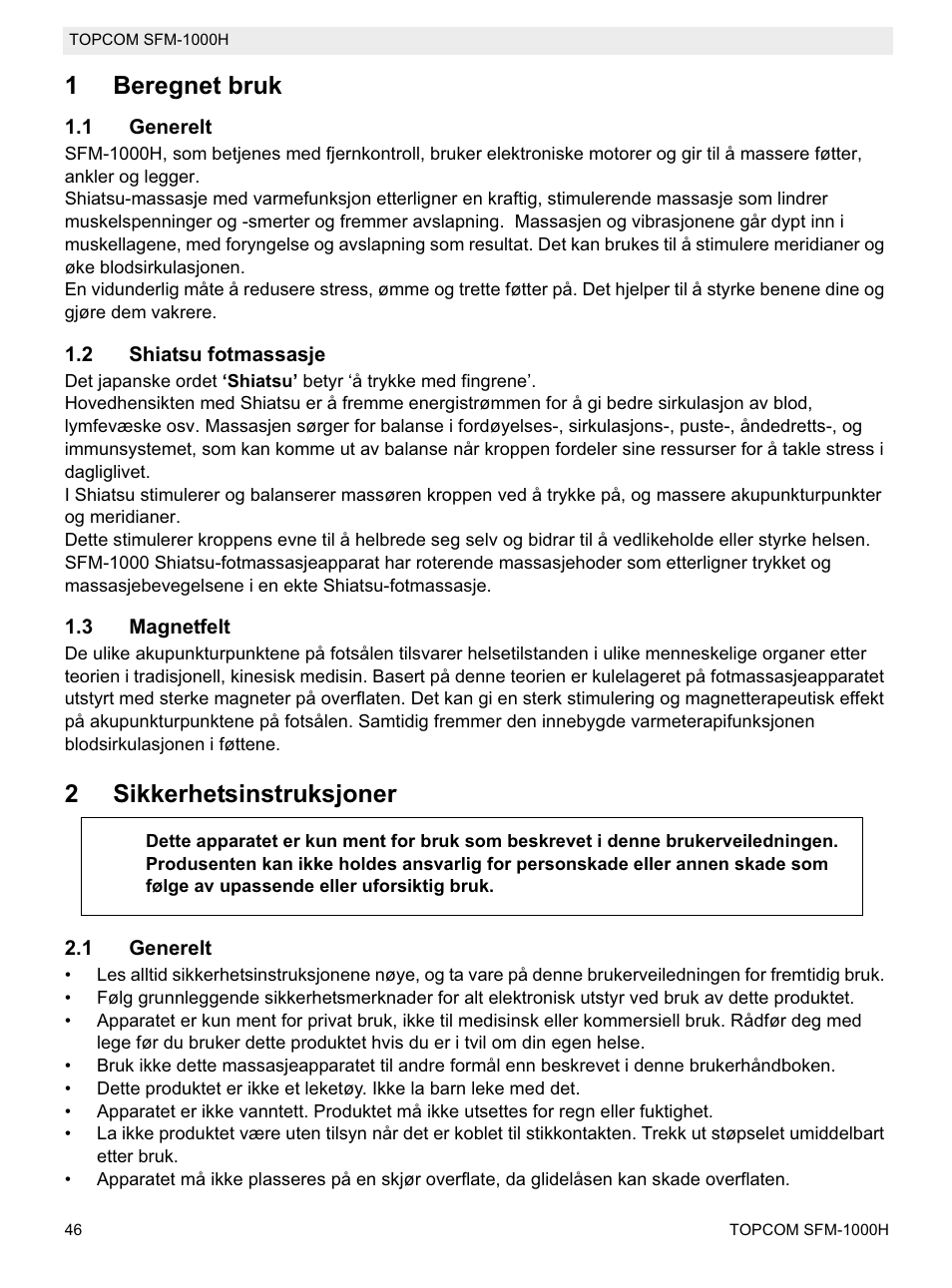 1beregnet bruk, 2sikkerhetsinstruksjoner | Topcom Shiatsu SFM-1000H User Manual | Page 46 / 108