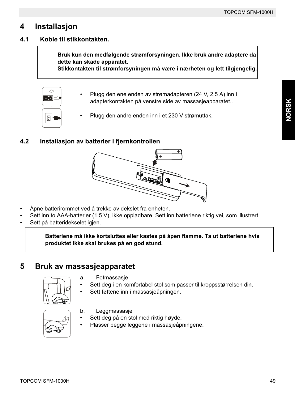 4installasjon, 5bruk av massasjeapparatet | Topcom Shiatsu SFM-1000H User Manual | Page 49 / 108