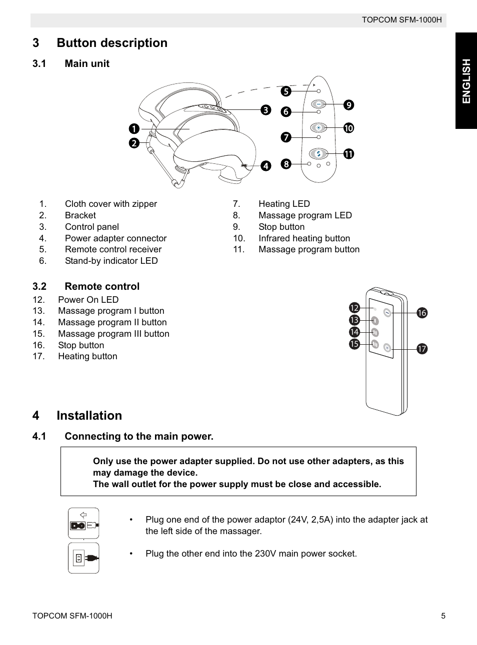 3button description, 4installation | Topcom Shiatsu SFM-1000H User Manual | Page 5 / 108