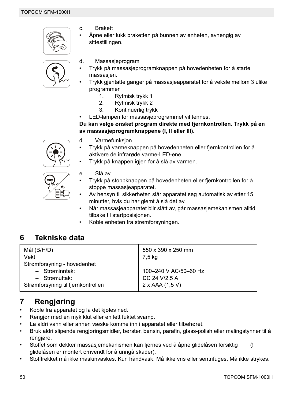 6tekniske data 7 rengjøring | Topcom Shiatsu SFM-1000H User Manual | Page 50 / 108