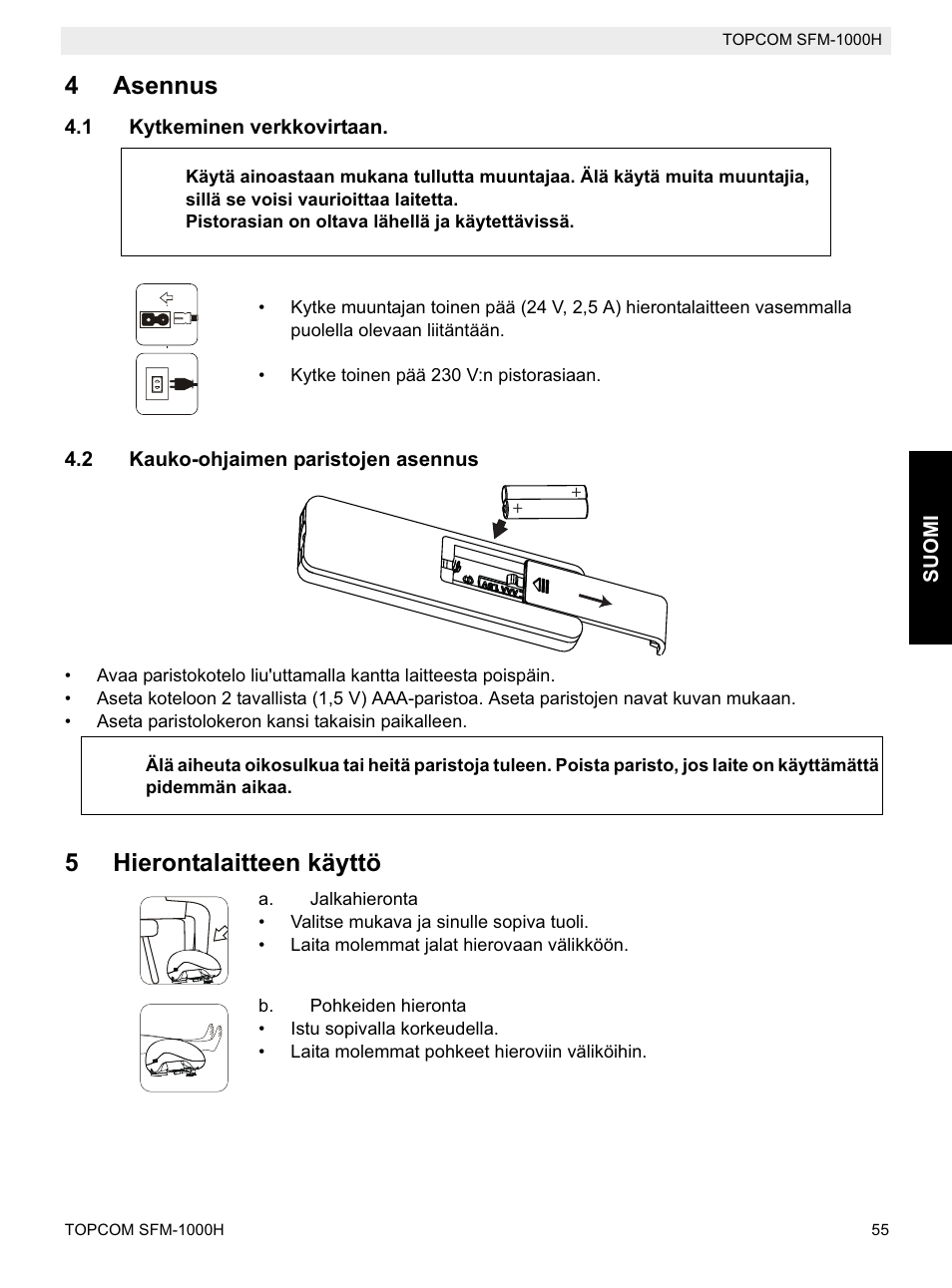 4asennus, 5hierontalaitteen käyttö | Topcom Shiatsu SFM-1000H User Manual | Page 55 / 108