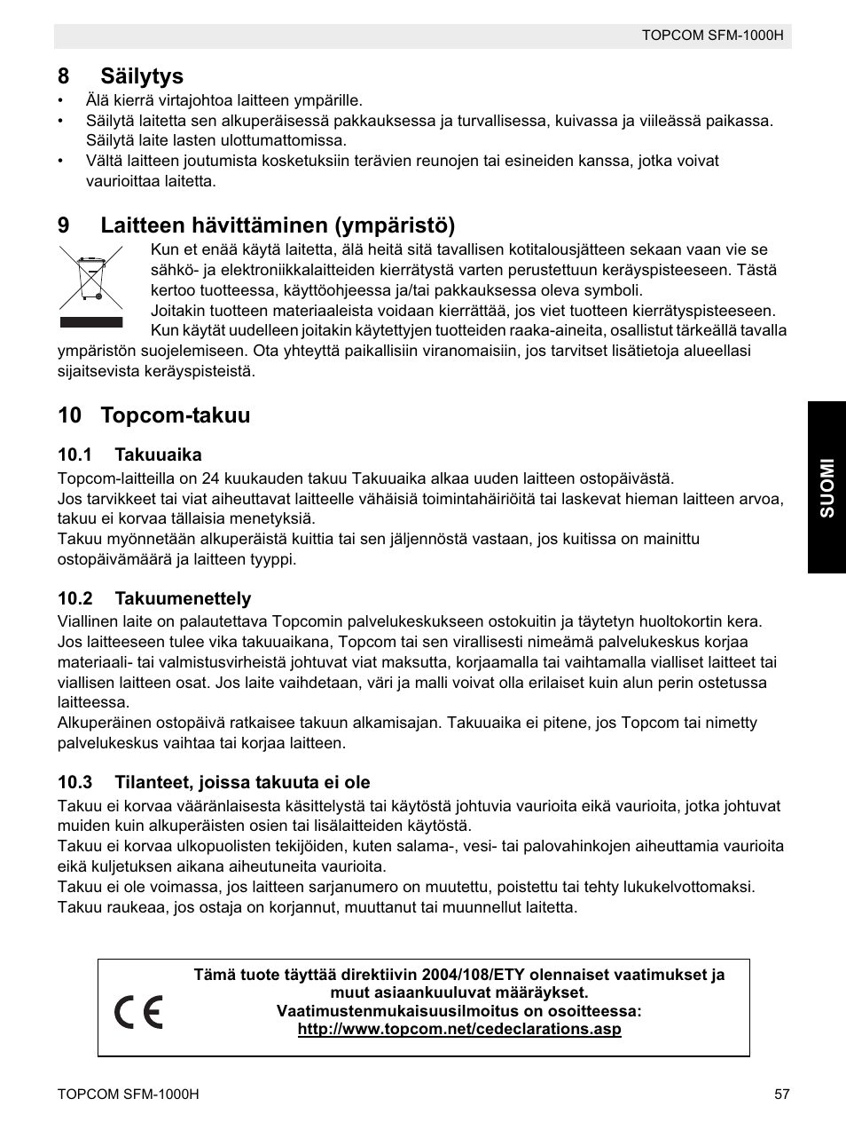 8säilytys, 9laitteen hävittäminen (ympäristö), 10 topcom-takuu | Topcom Shiatsu SFM-1000H User Manual | Page 57 / 108