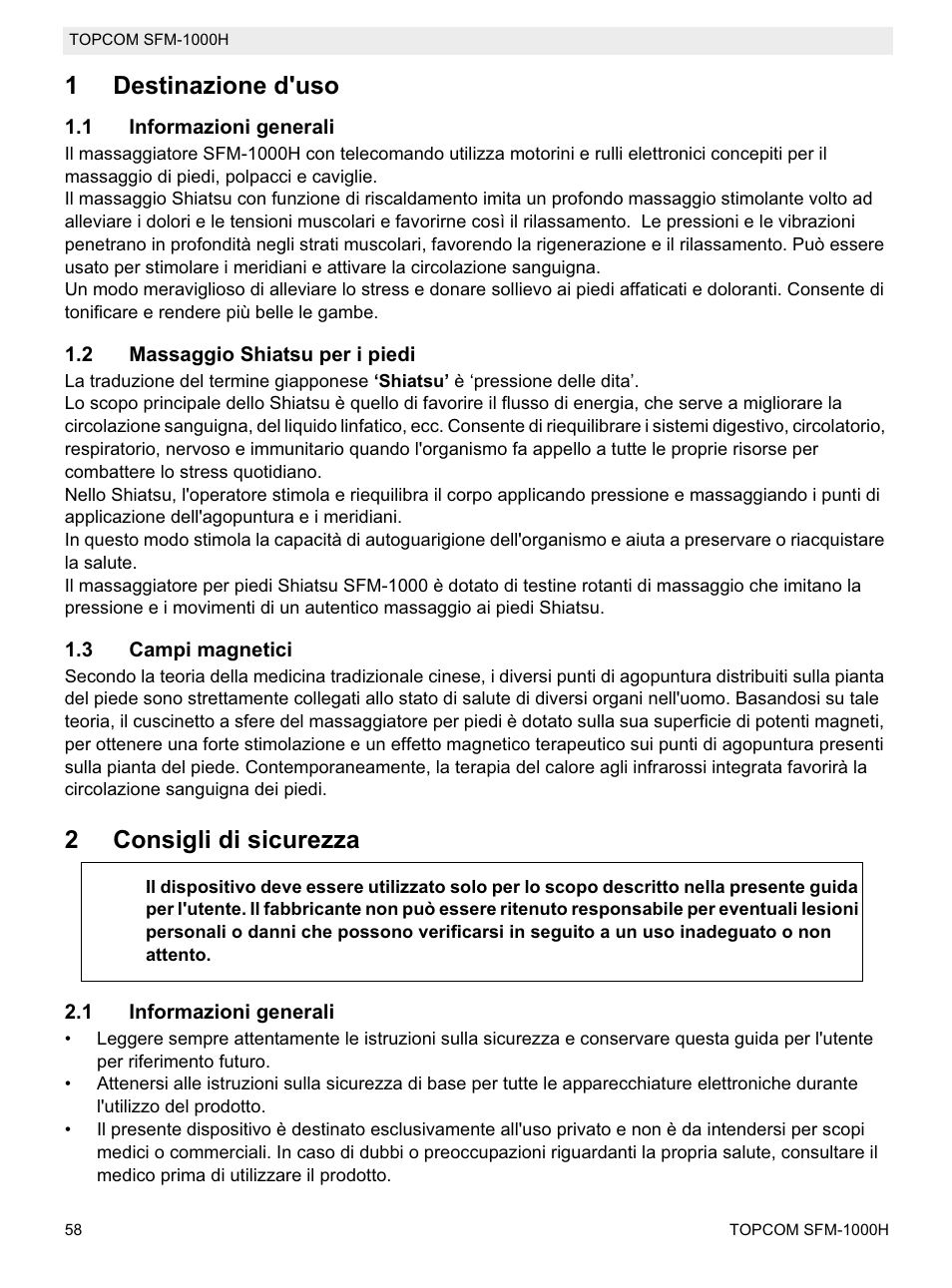 1destinazione d'uso, 2consigli di sicurezza | Topcom Shiatsu SFM-1000H User Manual | Page 58 / 108