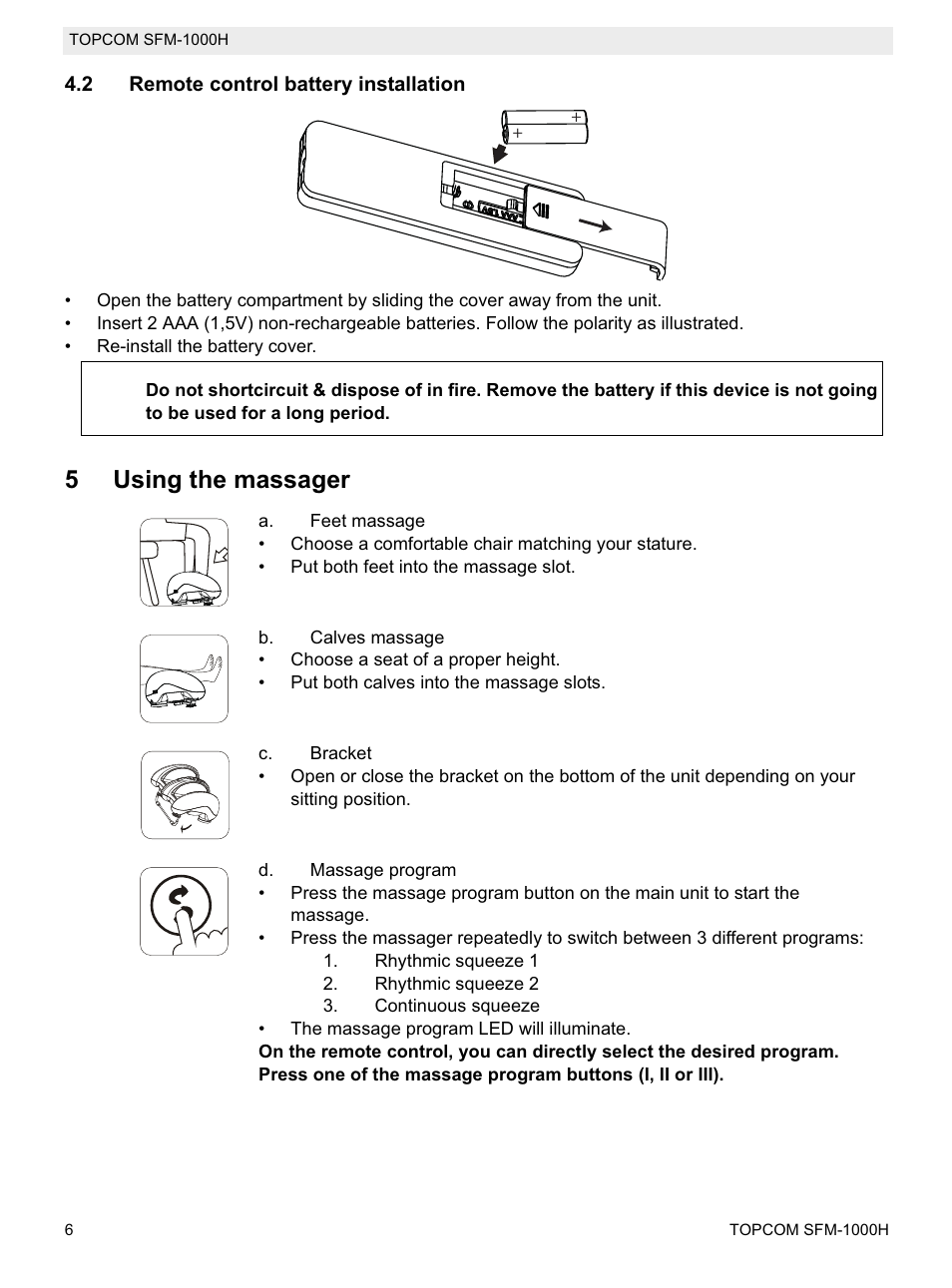 5using the massager | Topcom Shiatsu SFM-1000H User Manual | Page 6 / 108