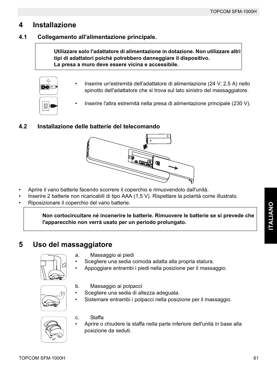 4installazione, 5uso del massaggiatore | Topcom Shiatsu SFM-1000H User Manual | Page 61 / 108